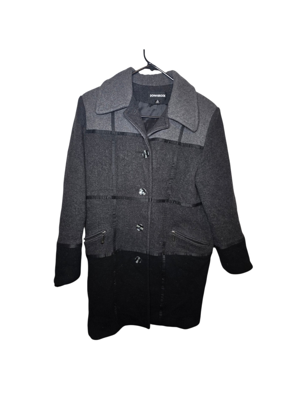 Donnybrook Vintage Wool Blend Colorblock Coat Grey Black Panel Button Mid-Length